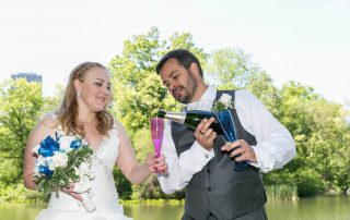 Wedding couple with champagne in Central Park Wedding couple with champagne in Central Park